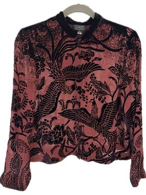 Citron Vintage Sheer Burgundy  Velvet Burnout phoenix Silk Blend Print Blouse